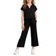 thumbnail image 2 of Zpanxa Girls V Neck Henley Short Sleeve Top Wide Leg Pants Set Casual Two Piece Outfit Toddler Black 13 Years, 2 of 9
