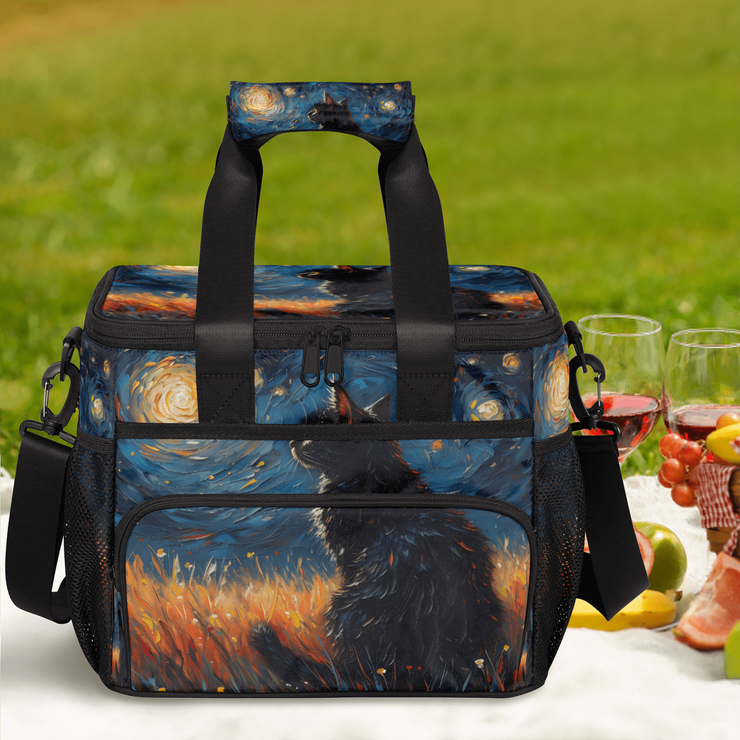 Herdesigns Night Black Cat Large Lunch Box for Adults Women Men with Adjustable Shoulder Strap, Insulated Reusable Lunch Bag Leakproof Cooler Tote Bag