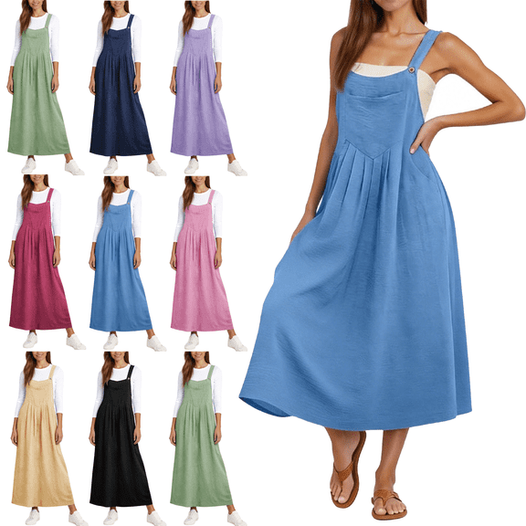 Summer Overall Dresses for Women Adjustable Strap A Line Cute Loose Casual Pleated Pinafore Bib Maxi Dress with Pockets M-2XL