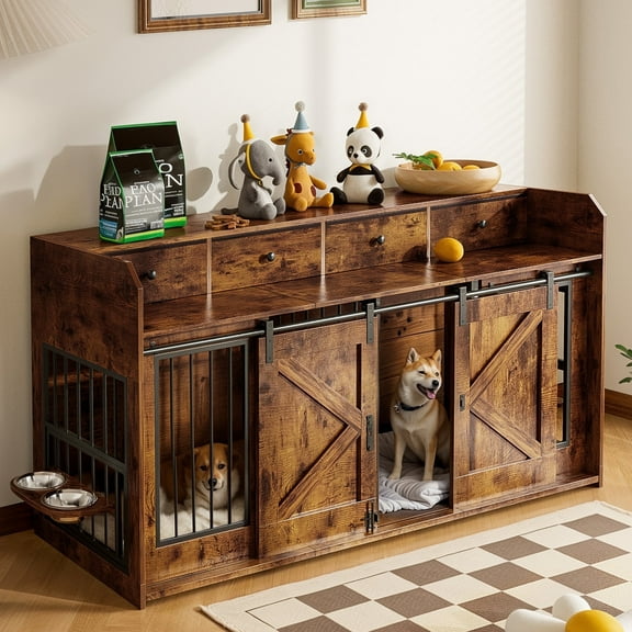 Advwin 63" Wooden Double Dog Crate Furniture with Drawers, Divider, Sliding Doors and Dual Feeding Stations, TV Stand Dog Kennel for 2 Small/Medium Dogs, Rustic Brown