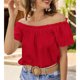 thumbnail image 5 of Blusa de manga corta con volantes y dobladillo con volantes para mujer Camisa con hombros descubiertos de color puro de verano Rojo L, 5 of 8