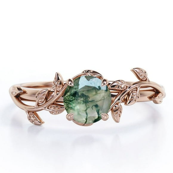 JeenMata Nature Inspired 0.50 Carat Natural Green Moss Agate Solitaire Engagement Ring - Forest Ring - 18K Rose Gold Over Silver