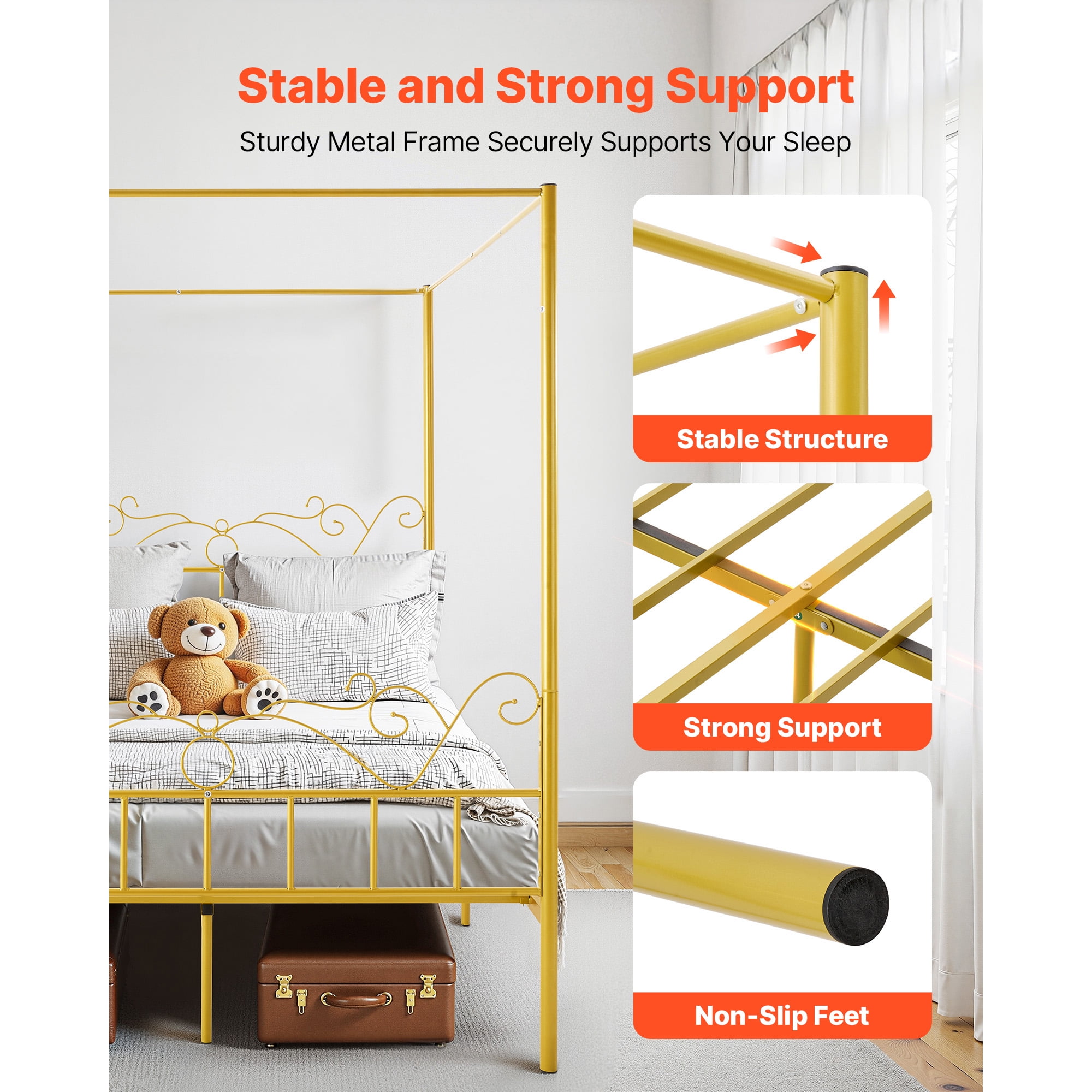 KFFKFF Queen Size Canopy Bed Frame, No Box Spring Requi, Durable Steel Bed Frame with Minimalist Headboard, Ample Underbed Storage, Easy to Assemble