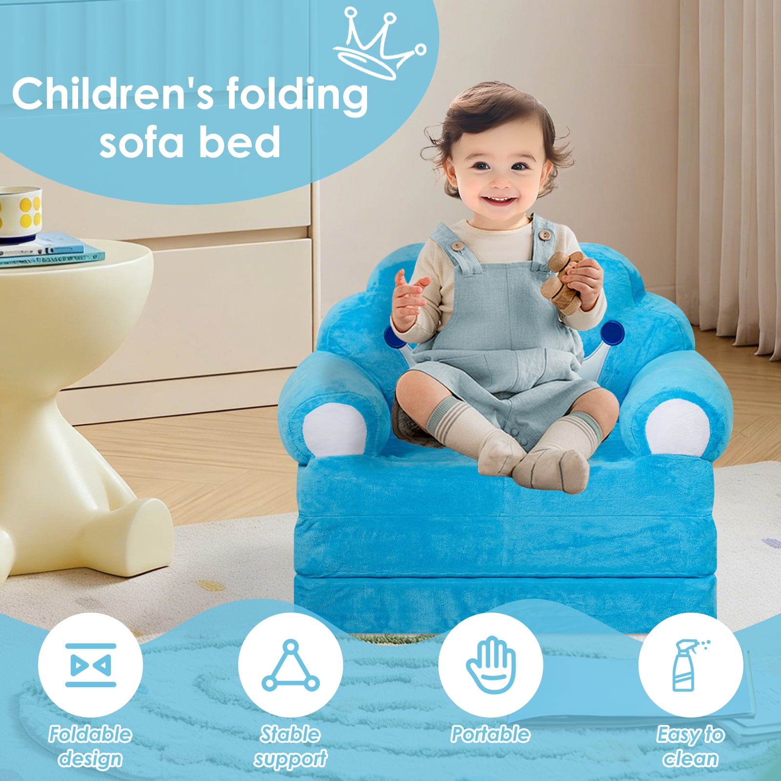 Dznils Toddler Sofa Chair, 2-in-1 Soft Foam Flip Open Kids Couch Lounger Comfy, Ages 1+, Blue Prince