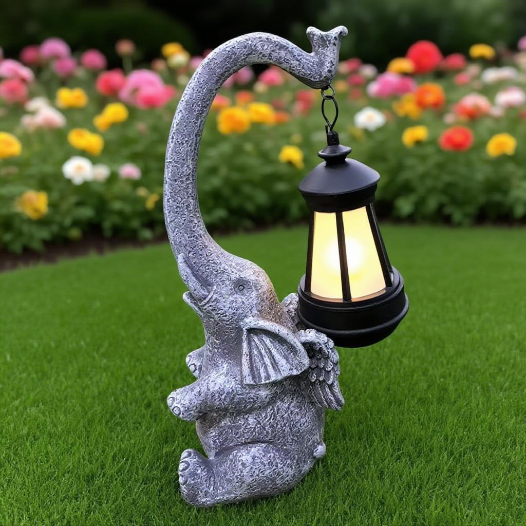 Elephant Solar light Garden Statue, Handmade Resin Lucky Elephant Sculpture Outdoor Lantern ,Figurine Decor for Patio, Yard & Indoor ,