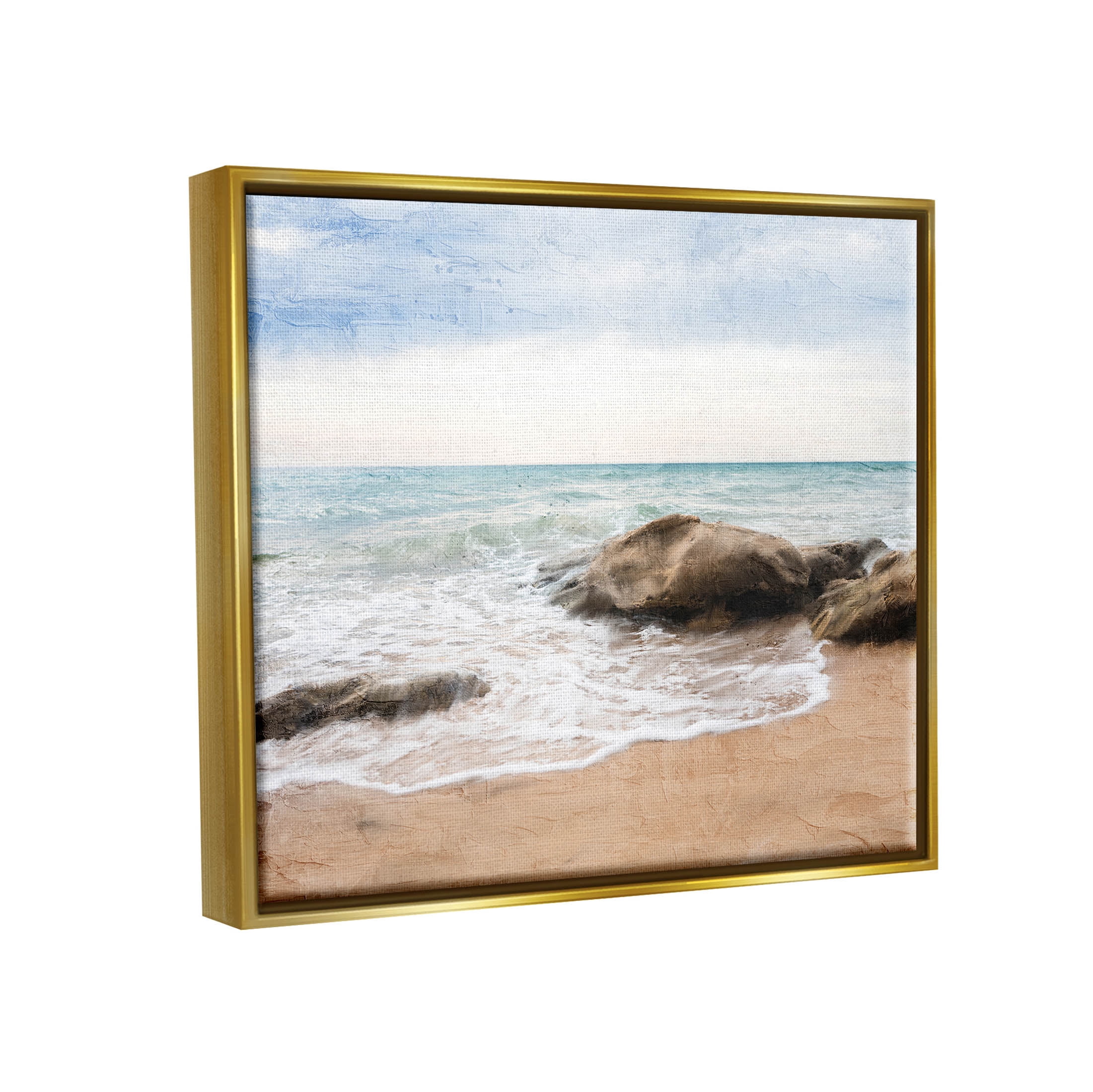 Stupell Industries Rocky Crashing Beach Waves Graphic Art Metallic Gold Floating Framed Canvas Print Wall Art, Design by Ann Bailey