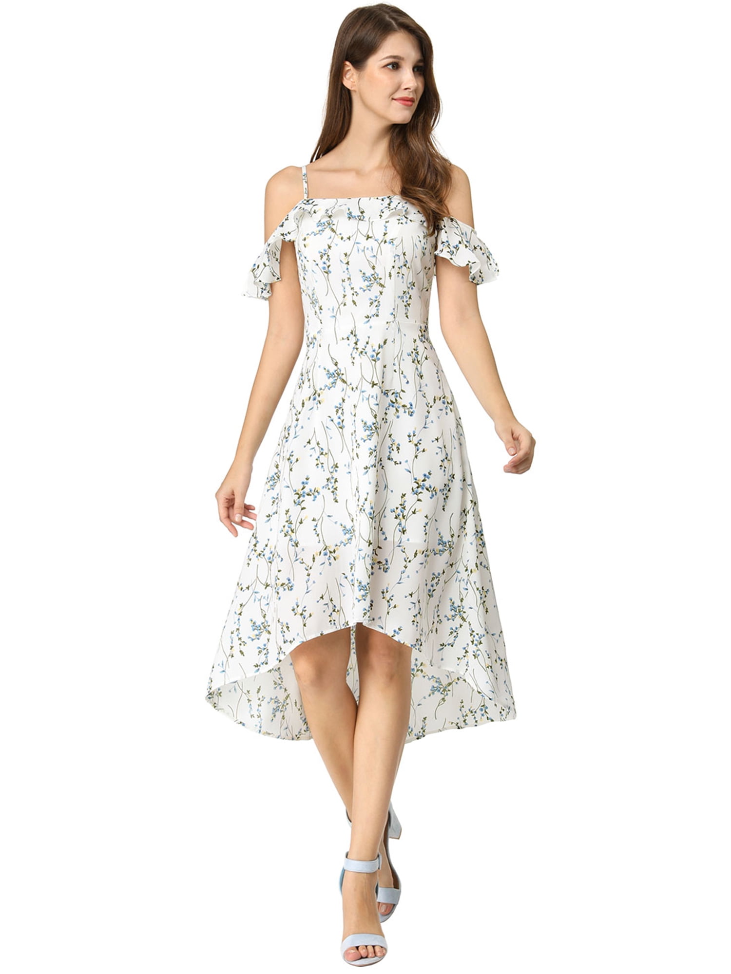 DARING DIVA Floral Spaghetti Straps Ruffled Sleeve Midi Dress XL White Blue