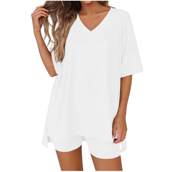 LIaqionyy 2 Piece Sets for Women Summer Lounge Short Sleeve Oversized V Neck Shirt Biker Shorts Outfits Set