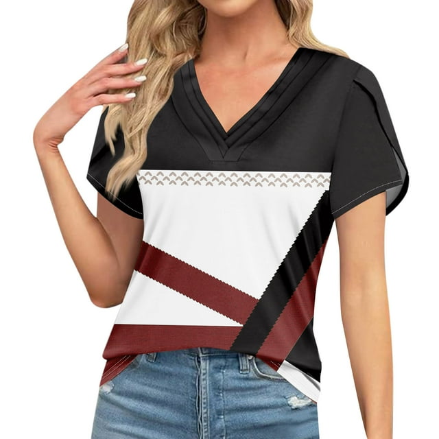 T-shirts Décontractés pour Femmes à Imprimé Géométrique, Col Rond, Manches Courtes, Mode 2024 Printemps Été, Coupe Ample, Vin-9 m