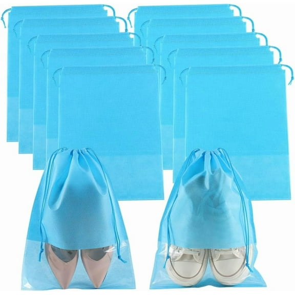 10 Pack 14.3 x 10.6 Inch Non Woven Shoe Bag Shoe Storage Pouch with Clear Window Drawstring Blue Dust Proof Cloth Fabric Portable Organizer Bags for Travel Protecting Boots Luggage DIY Holder