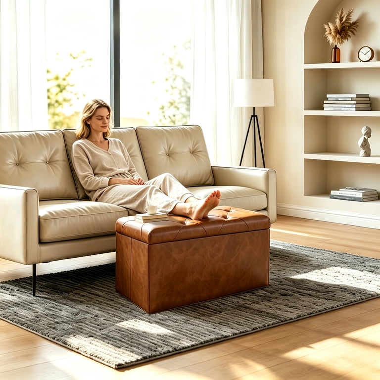 Nnovaroom 30" Faux Leather Storage Ottoman, Brown photo 8