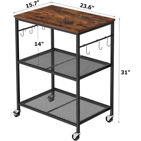 3-Tier Rolling Kitchen Microwave Cart, Kitchen Utility Cart on Lockable Wheels, Coffee Bar Table Station with 6 S-Shaped Hooks, Small Appliance Storage Shelf, Rustic Brown and Black
