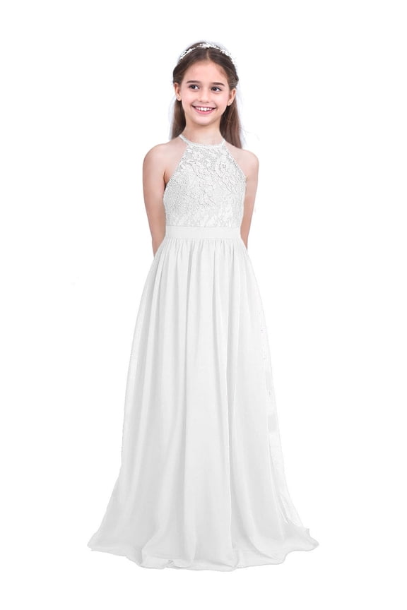 Junior Girls Wedding Bridesmaid Chiffon Floral Lace Dress Formal Pageant Evening Party Ball Gowns White 6