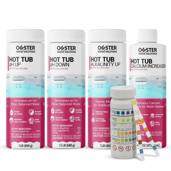 Bio Ouster Hot Tub Water Balancing Kit – Spa pH Up, pH Down, Alkalinity Increaser, Calcium Hardness Increaser, and Test Strips, Made in USA