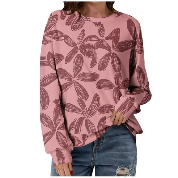 Women's Floral Print Sweatshirt 2025 Fall Long Sleeve Loose Crewneck Pullovers Stylish Workout Casual Tee Tops