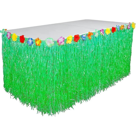 Suxm 276x60cm Hawaiian Table Skirt With Colorful Fake Flower Self-adhesive Tropical Style Table Grass Skirt For Outdoor Barbecue Party Summer Garden