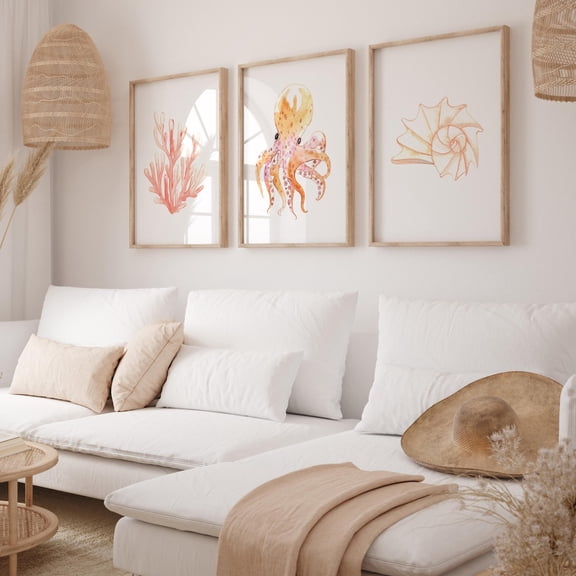 Coral Seaweed Orange Prints Beach Gallery Wall Coastal Nautical Room Decor Set 3 Unframed Paper Print 8x12