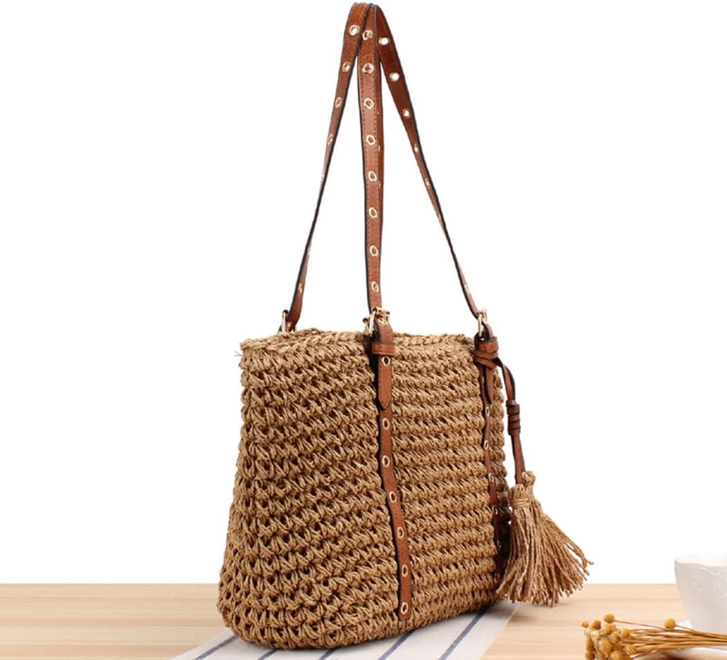 LinYooLi Fashion One Shoulder Straw Bag Paper Rope Tassel Crochet Hand Knit Bag Fashion Beach Women's Bag