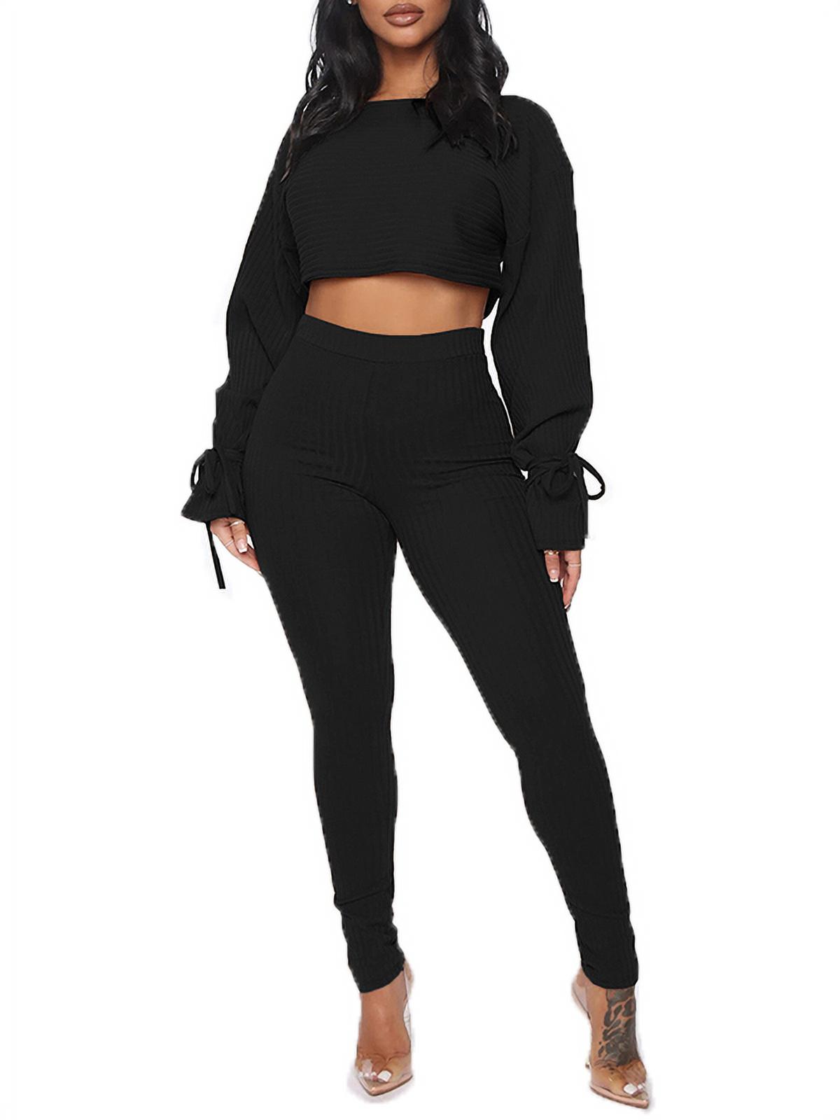 Zdcdcd Women's 2Pcs Round Neck Bow Tie Long Sleeve Crop Tops Elastic