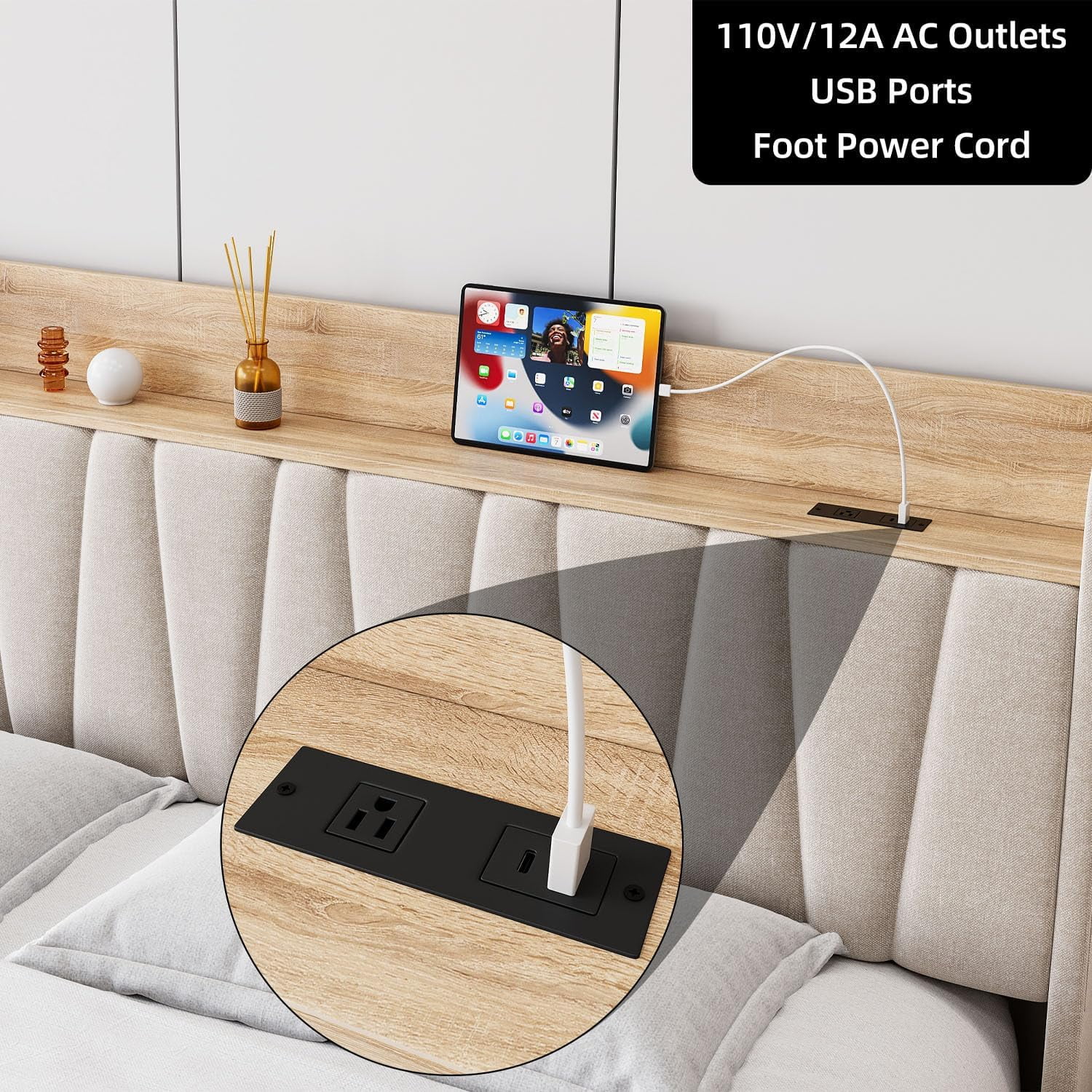 Hetoy Full Size Bed Frame with Drawer, Upholstered Platform Bed Frame with Storage Headboard and Charging Station, Mattress Foundation with Solid Wooden Slats Support, No Box Spring Needed, Beige