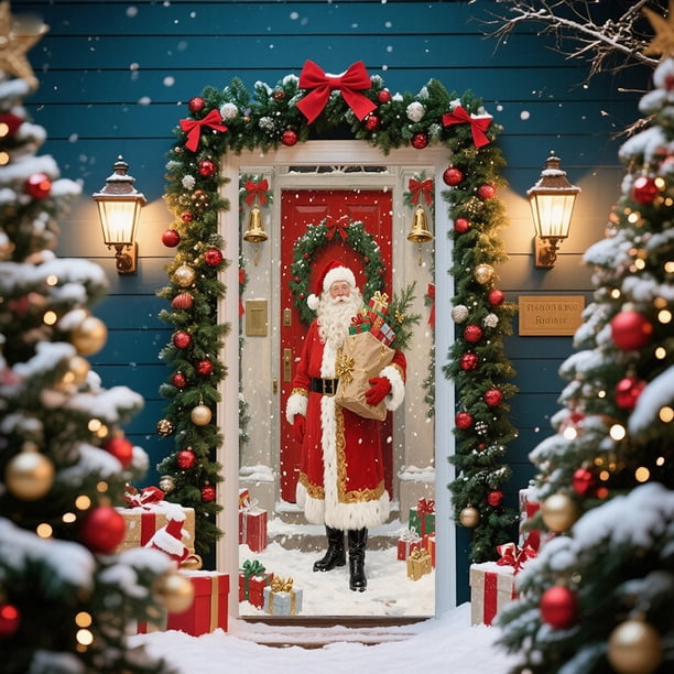 Seyotauo Christmas Door Cover Decoration Santa Claus Front Door Cover Xmas Hanging Banner Santa Background for Home Holiday Christmas Decoration