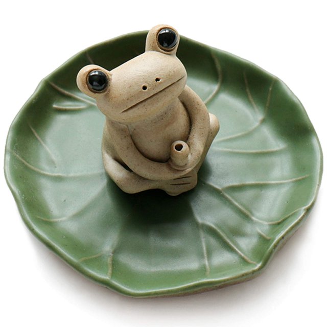 NAGU Quemador de Incienso de Palo de cerámica 100% Hecho a Mano, Bandeja de Hoja de Loto de Incienso de Rana pequeña, Mini Estatua de Animal Lindo, Quemador de Incienso para el hogar