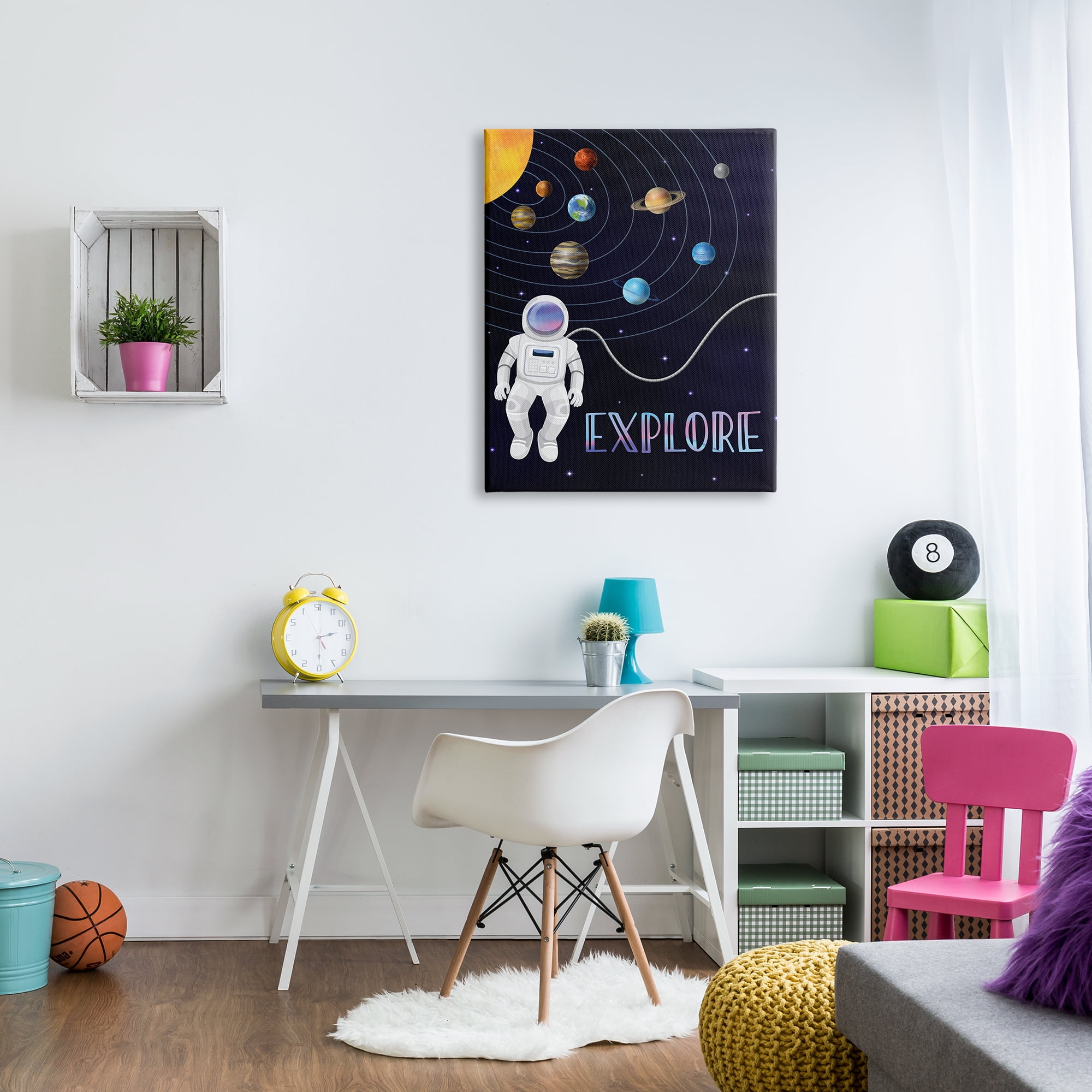 Stupell Industries Explore Outer Space Adventure Astronaut Among Planets Graphic Art Gallery Wrapped Canvas Print Wall Art, Design by Linda Birtel