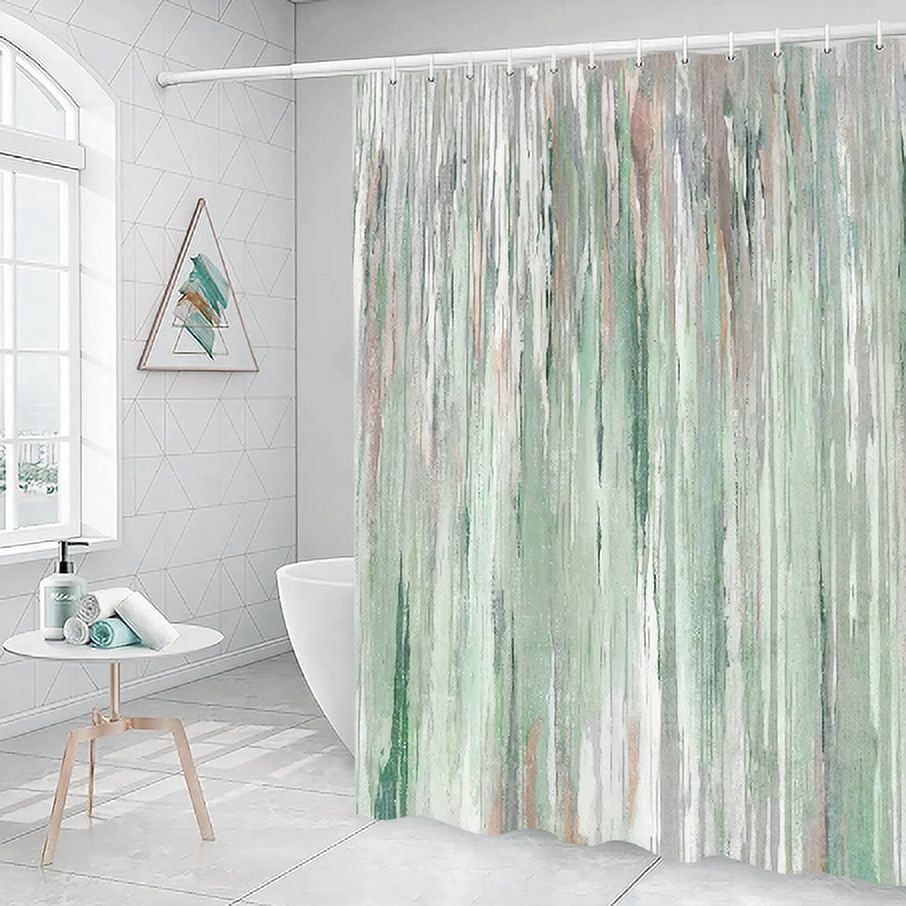 Abstract Shower Curtain, Modern Aesthetic Green Stripe Shower Curtain Set With 12 Hooks For Bathtub Bathroom Gray Green Contemporary Abstract Painting Fabric