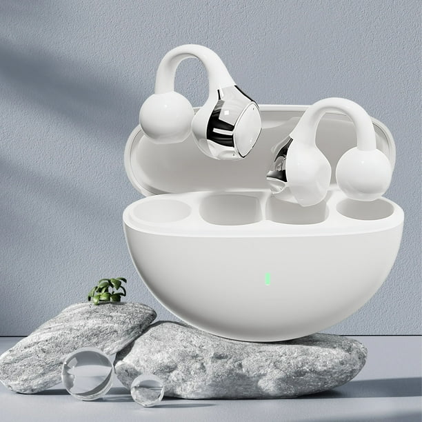 Auriculares con conducción ósea Bluetooth, diseño de clip abierto para deportes, blanco
