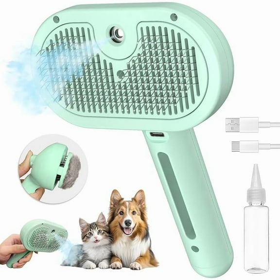 WAAYEE Cat Steam Brush for Shedding, 3 In 1 Steam Pet Brush Self Cleaning, Dog Brush for Long and Short Hair Dogs and Cats, Pet Grooming Comb Remove Tangled Loose Hair, Type-C Charging (Green)