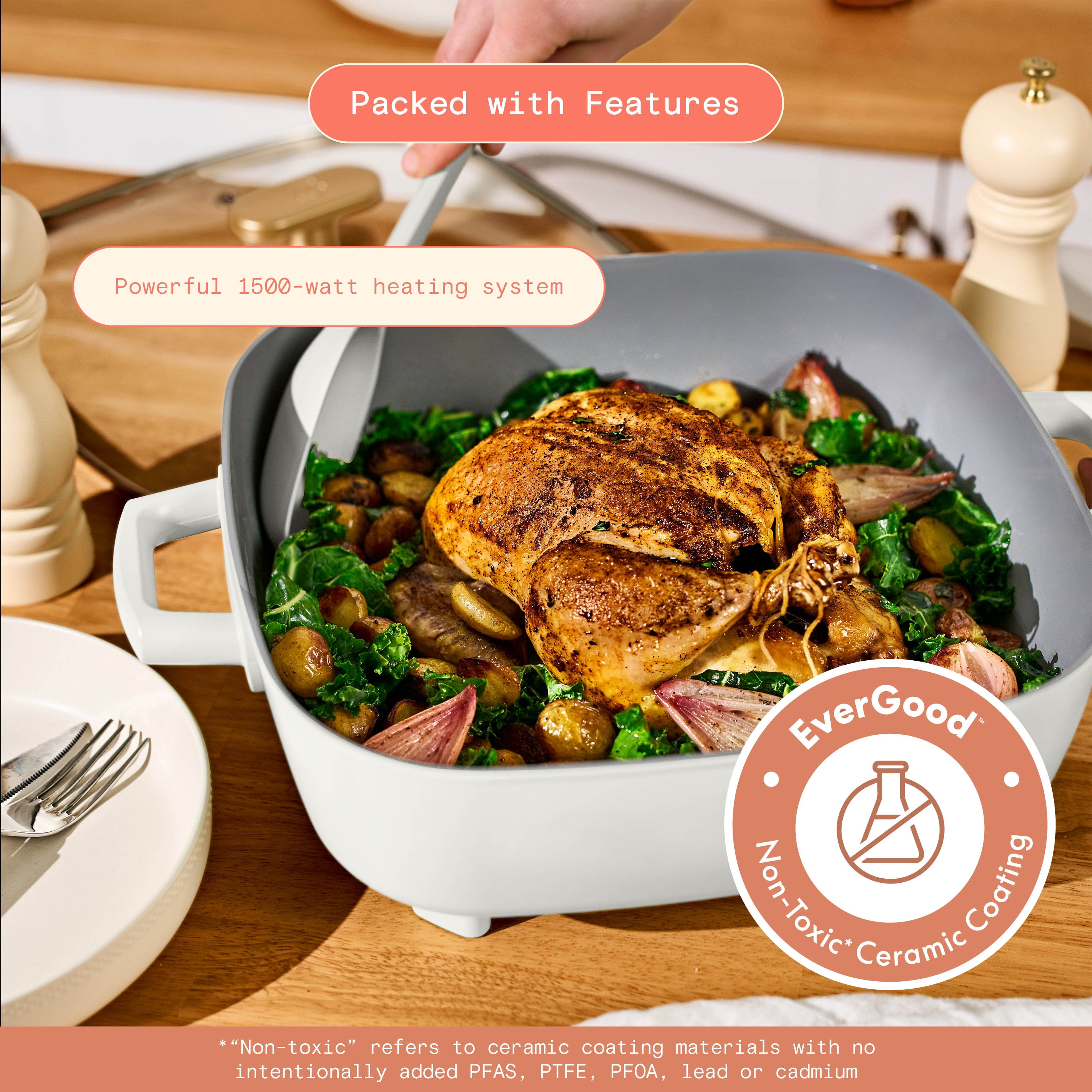 Beautiful 5-in-1, 12" x 12" Detachable Electric Skillet with EverGood Ceramic Nonstick Coating, White Icing by Drew Barrymore