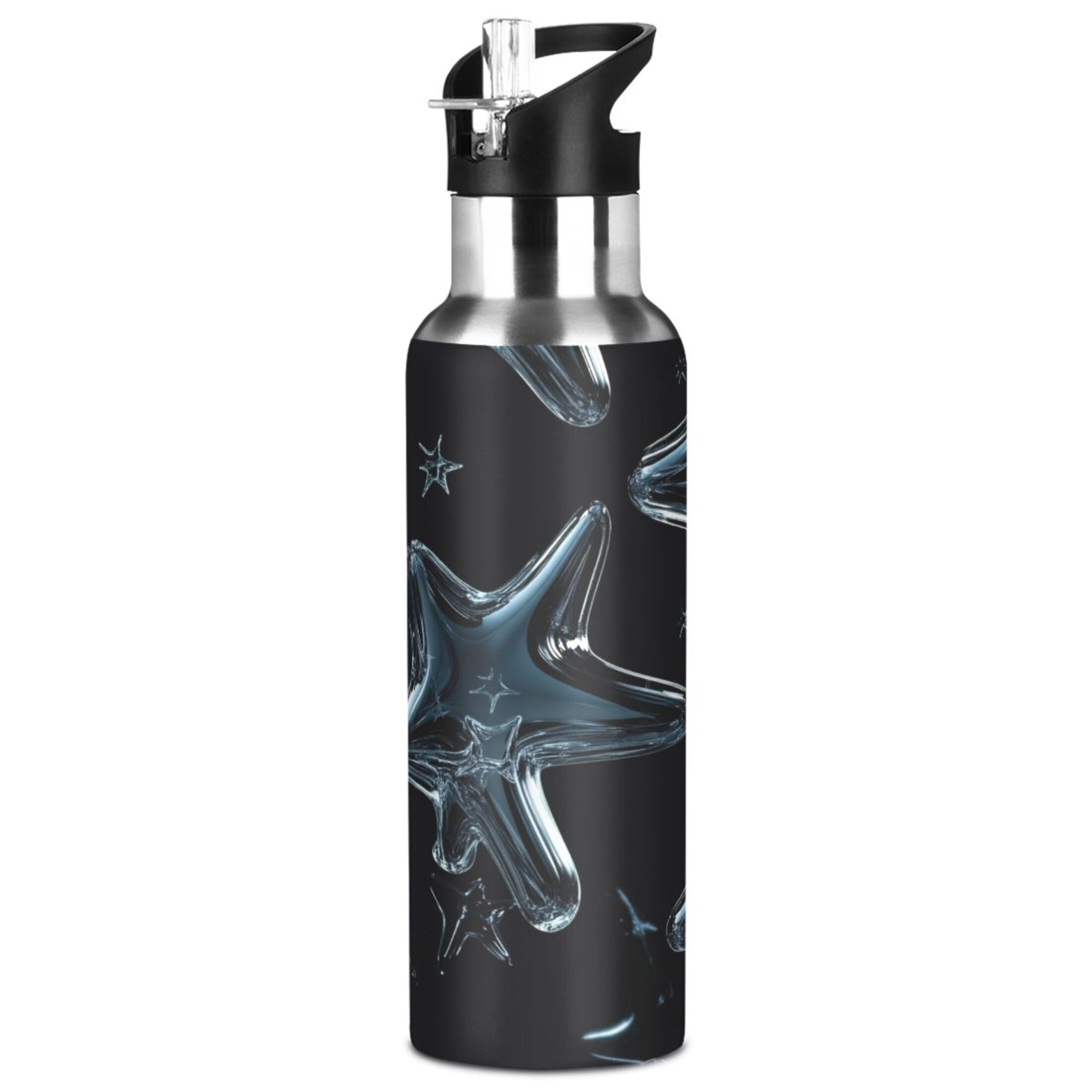 Transparent Glass Stars Sports Bottle with Straw Stainless Steel Water Jug Portable Thermal Cup Leak-proof 1000ML