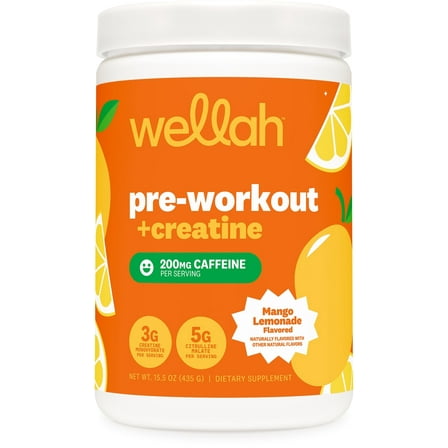 Wellah Pre-Workout   Creatine Powder (30 Servings) Mango Lemonade - 200mg Caffeine, 3g Creatine Monohydrate, 5g Citrulline Malate, Pre-Workout with Creatine Supplement