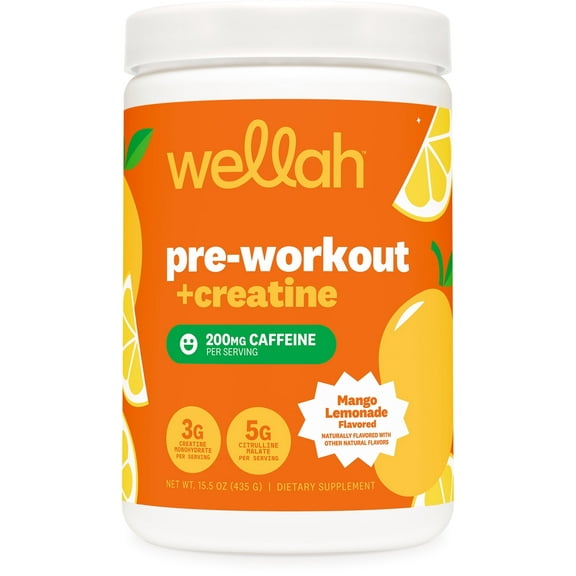 Wellah Pre-Workout   Creatine Powder (30 Servings) Mango Lemonade - 200mg Caffeine, 3g Creatine Monohydrate, 5g Citrulline Malate, Pre-Workout with Creatine Supplement