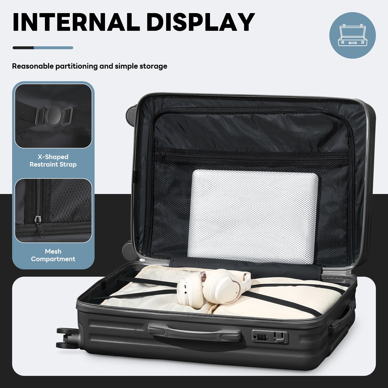 2-Piece Lightweight Carry-on Luggage Set, ABS/PC Hard Shell, 360 Spinner Wheels, Cup Holder & USB Charging Port (Black)
