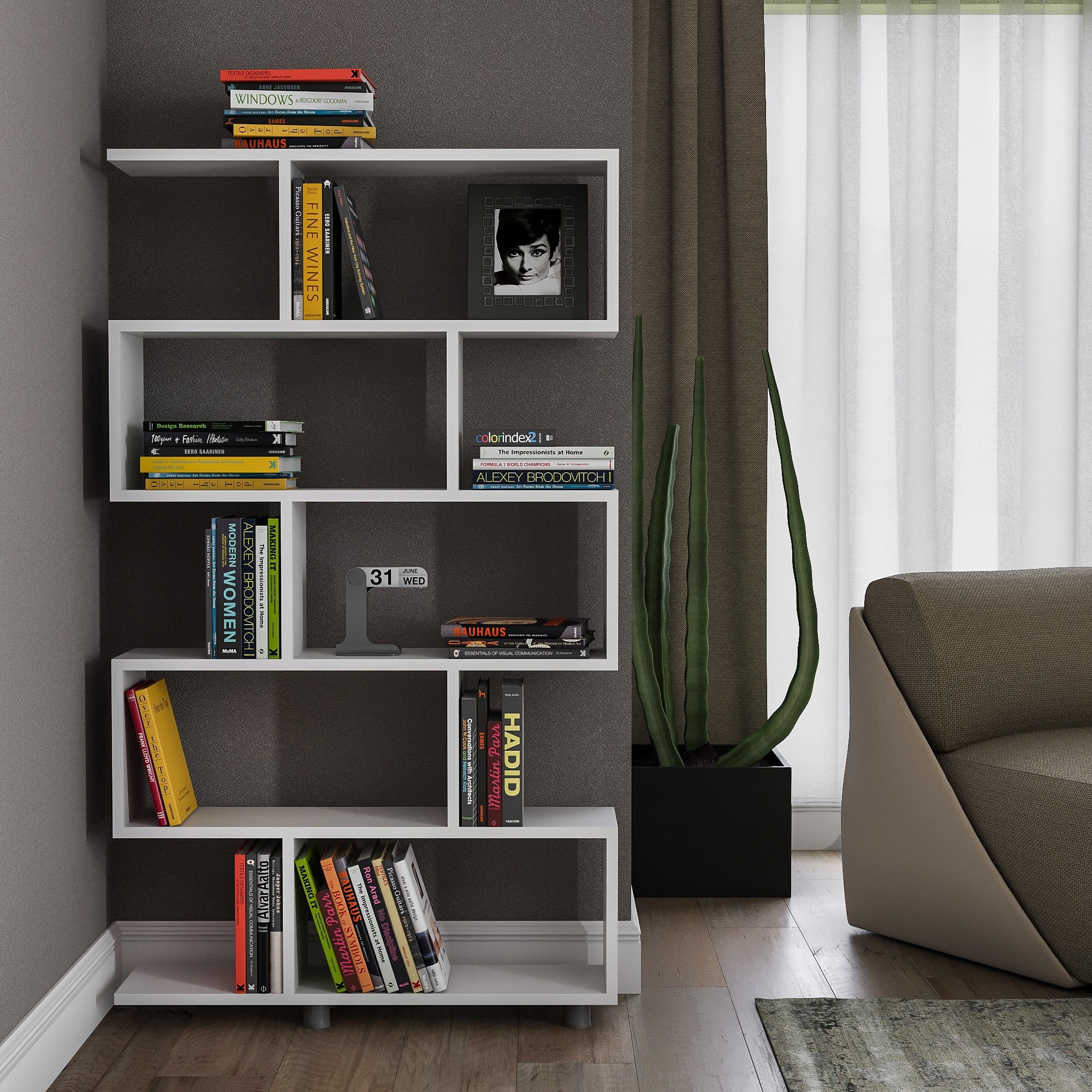 Geometric Bookcase with 10 Shelves, White Finish Contemporary Bookshelf