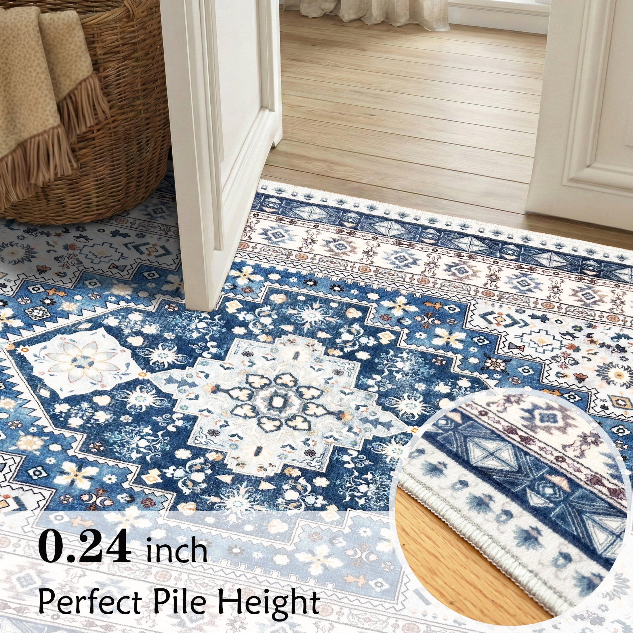 ARJINCUTE Vintage Distressed Bohemian Blue Large Area Rug 8' x 10' Non-Slip Washable Low Pile Floor Mat for Living Room, Family Room, Large Bedroom