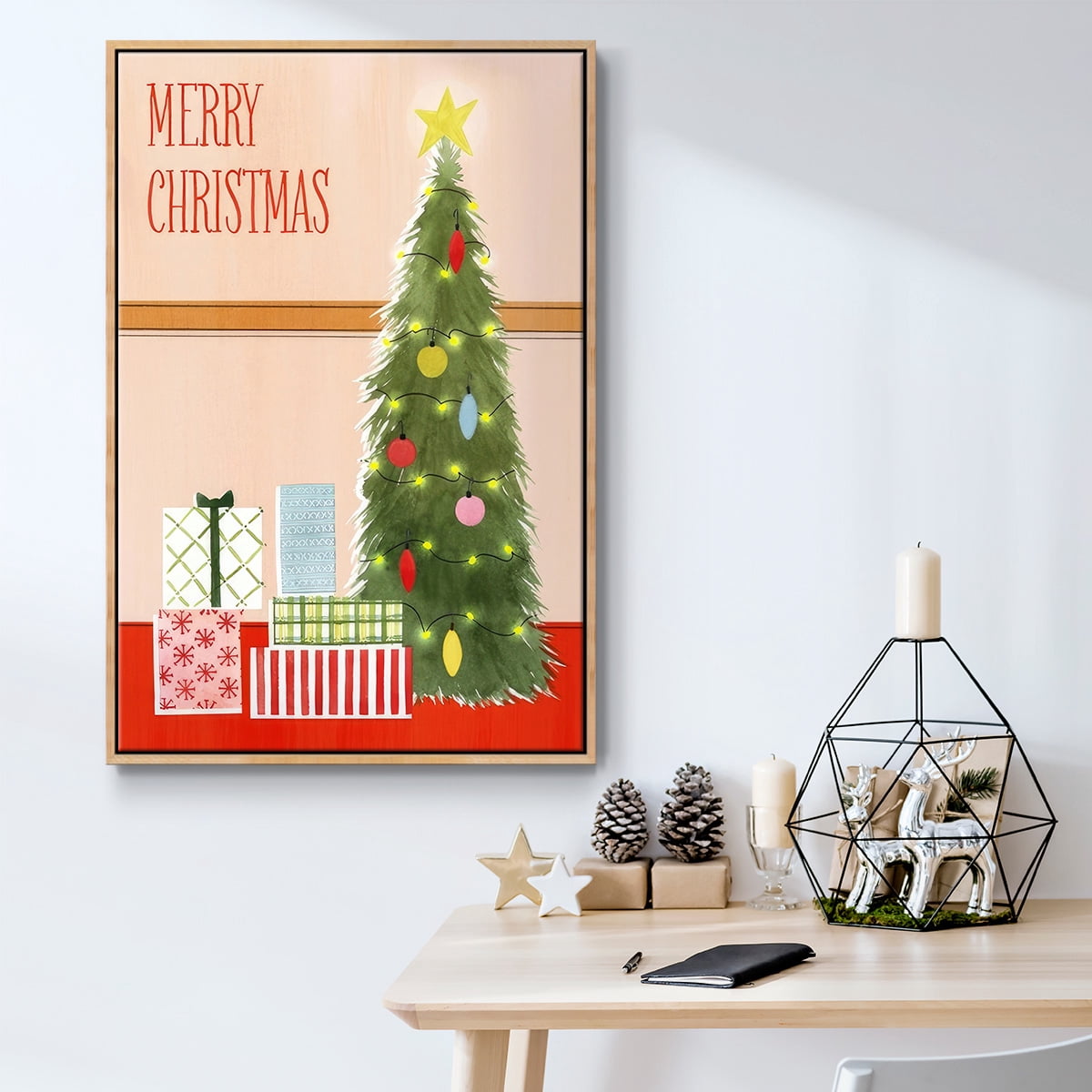 Christmas Stockings Collection B - Framed Gallery Wrapped Holiday Canvas - 27 x 41 - Natural Wood Frame