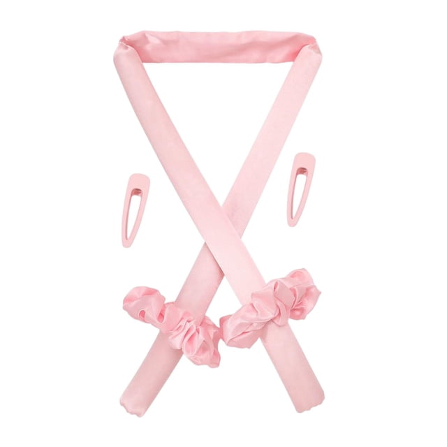 varilla para rizar el cabello sin calor sunnimix rosado banda rizada de algodón 100x2.5 cm, vista frontal centrada de dos fideos largos cruzados en rosa con dos scrunchies y dos pasadores planos sobre fondo blanco; para rizar sin calor y a menudo usada para peinados nocturnos.
