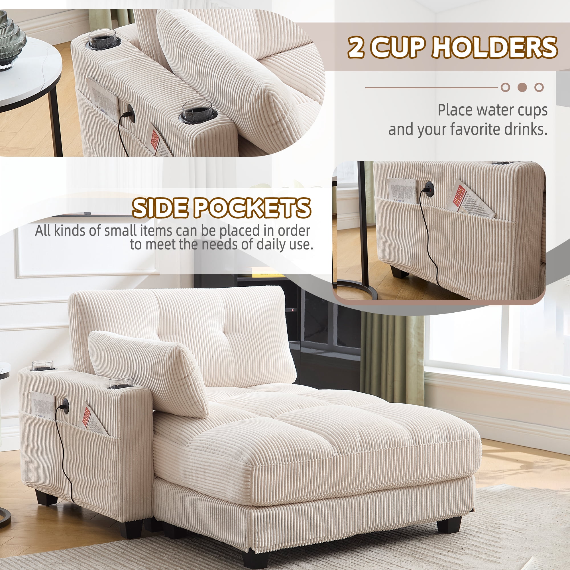 MOONMISS Corduroy Upholstered Soft Deep Seat Sleeper Sofa with USB,TYPE-C&2 Cup Holders-Beige