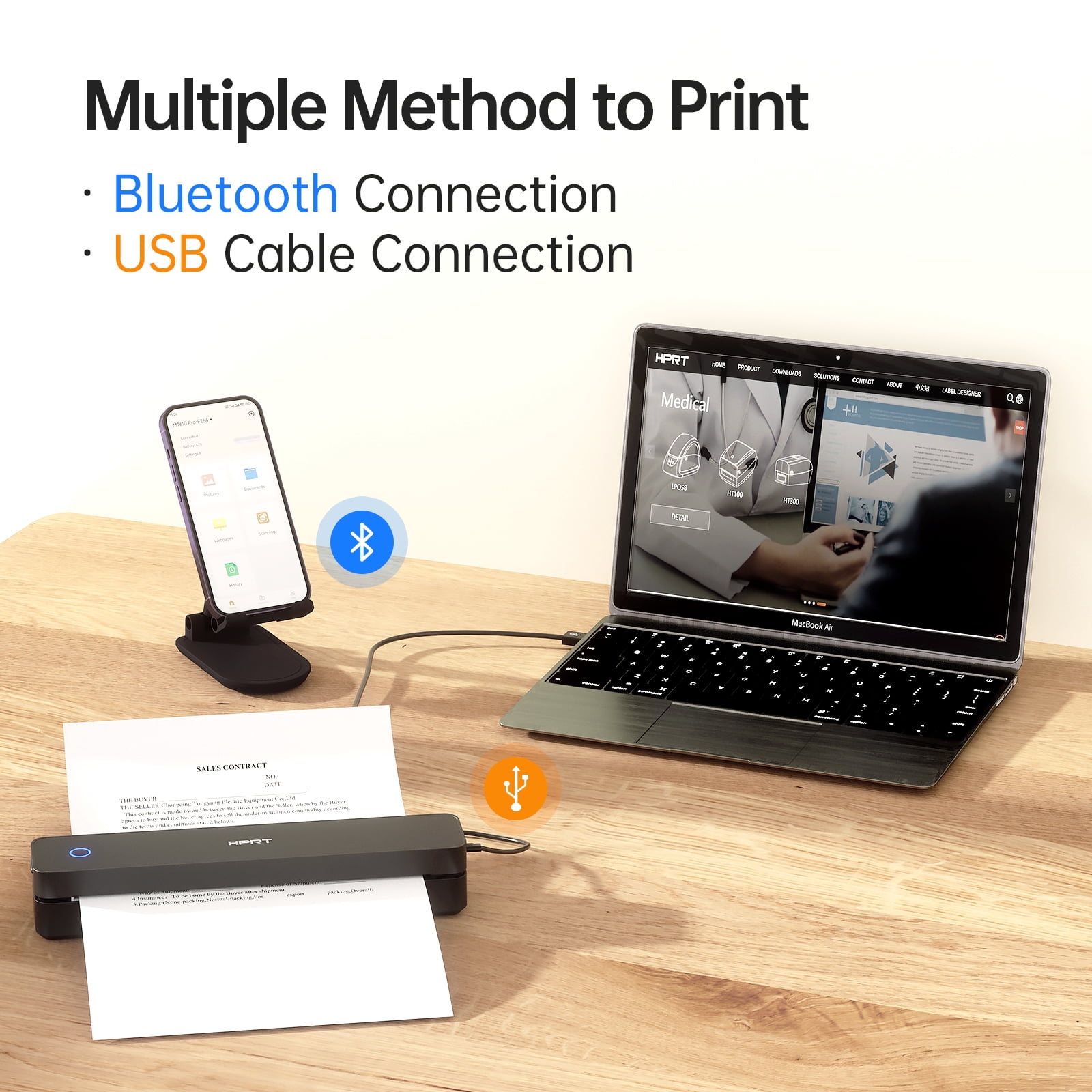 HPRT MT610Pro 300DPI Wireless Portable Thermal Printer Bundle, Inkless Bluetooth Printer with Carrying Case & 200 Sheets Letter Paper, Supports 8.5" x 11", for Home, Office & Travel
