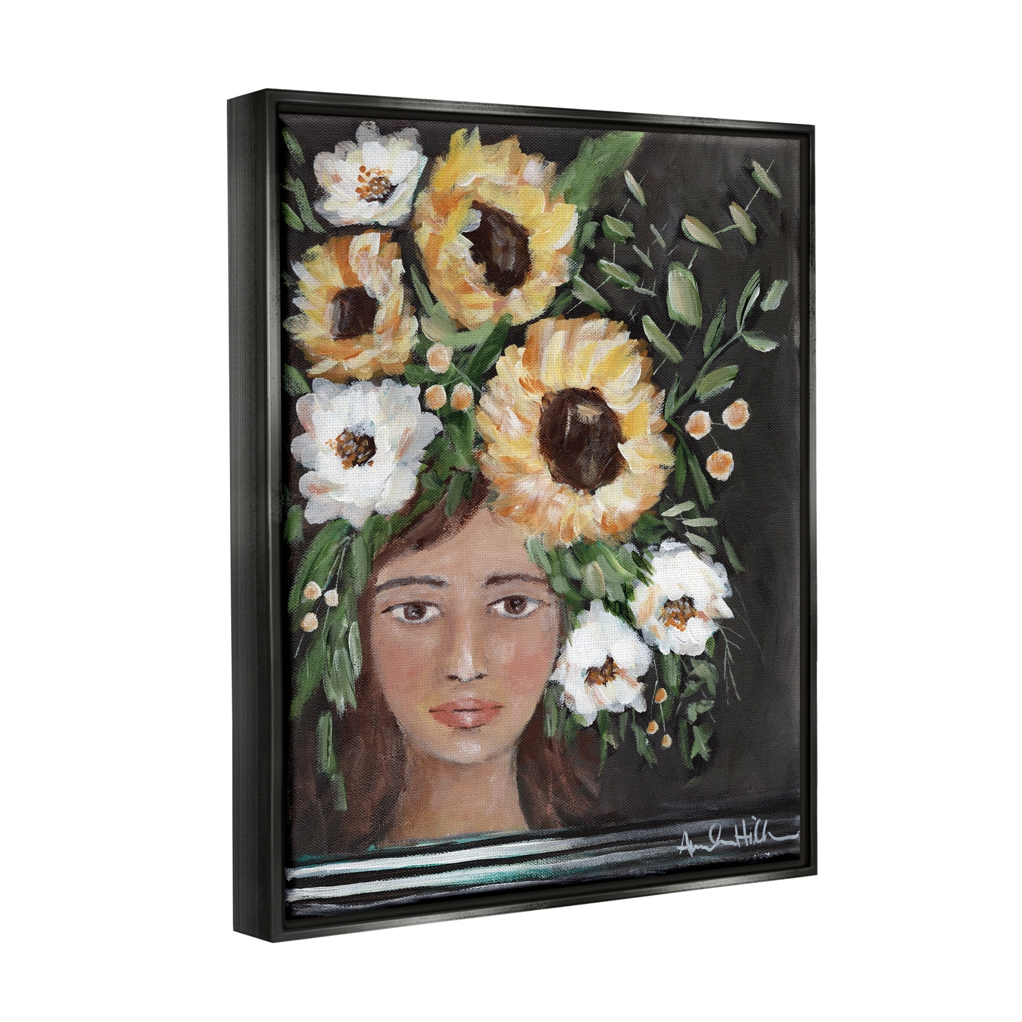 Stupell Industries Girl Wearing Flower Crown Yellow White Blossoms Painting Painting Jet Black Floating Framed Canvas Print Wall Art, Design by Amanda Hilburn