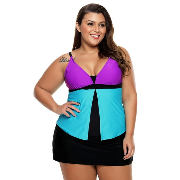 Women Purple Blue Colorblock Tankini Skort Bottom Swimsuit 