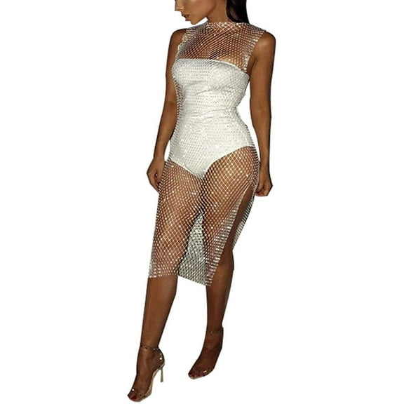 Nvzi-a Womens Rhinestone See Through Mesh Fishnet Hollow Out Split Bikini Swimsuits Sleeveless Cover Up Beach Dress
