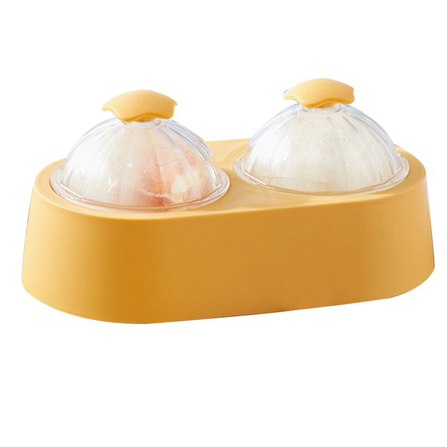 Molde doble para bolas de hielo, bandeja redonda para cubitos de hielo, bandeja con tapa para cocina, hogar, cóctel, café, whisky, amarillo brillante