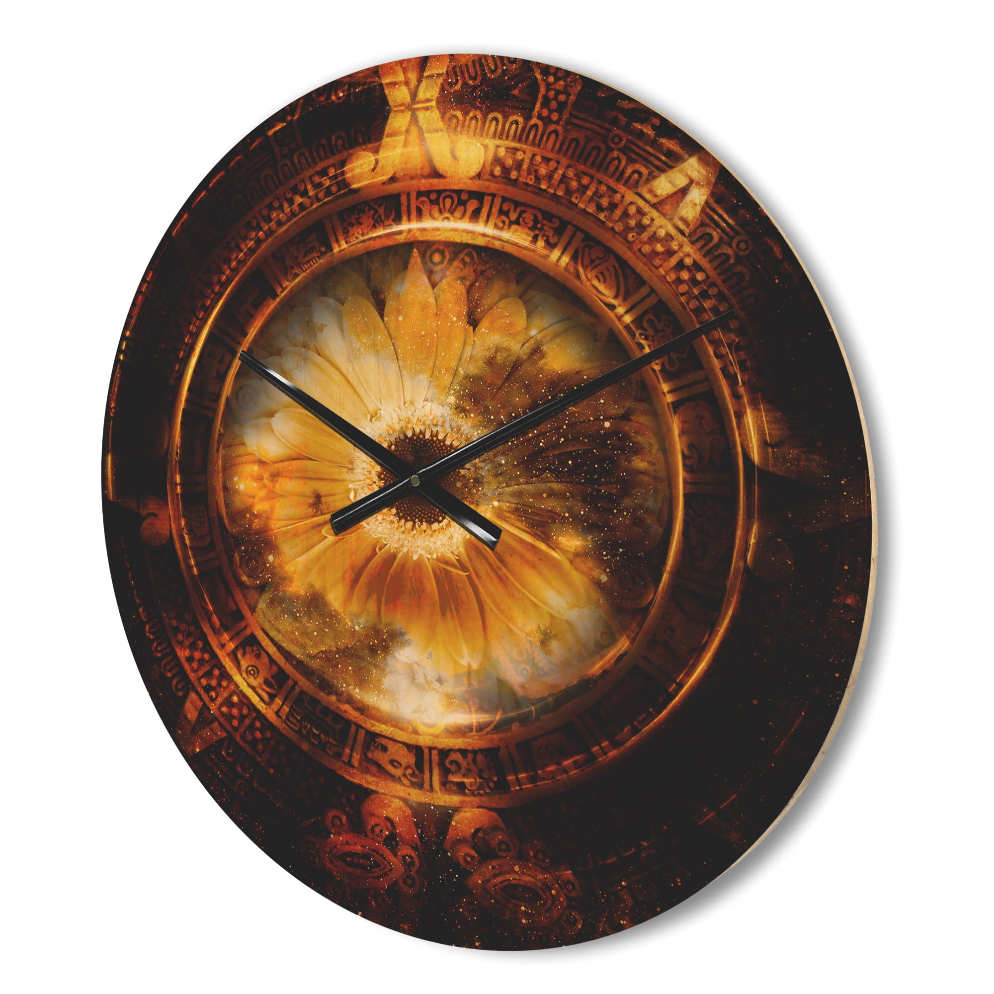 Designart 'Ancient Mayan Calendar Collage With Sunflower' Modern Wood Wall Clock