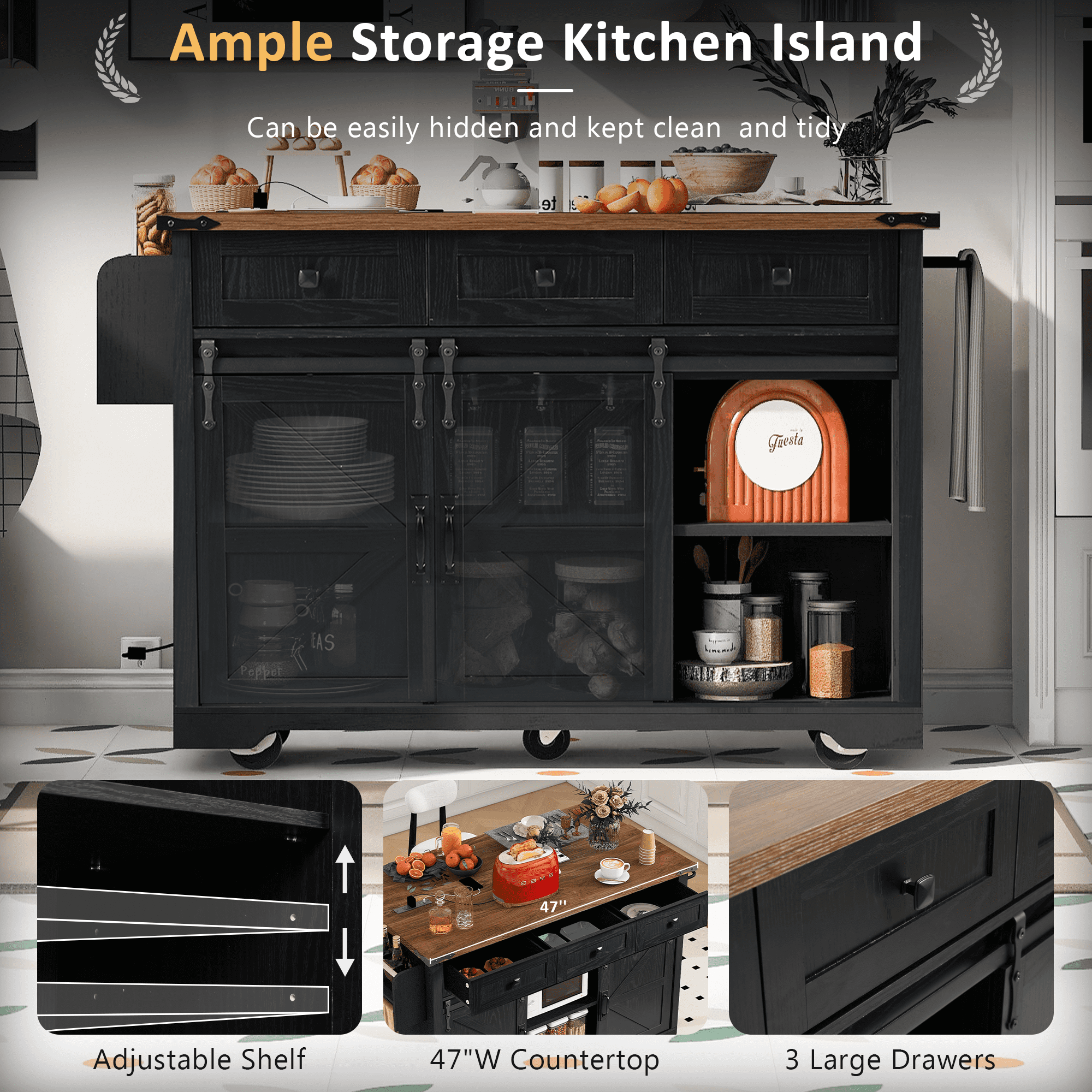 Euroco 53.7" Farmhouse Kitchen Island Cart with Storage on Wheels,Rolling Kitchen Cart with Power Outlet, 2 Doors and Drop Leaf for Dining Room