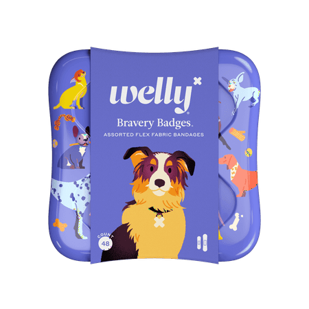 (4 Pack) Welly Flex Fabric Bandages, Dog Pattern Bravery Badges for Kids, Assorted Sizes, 48 Count