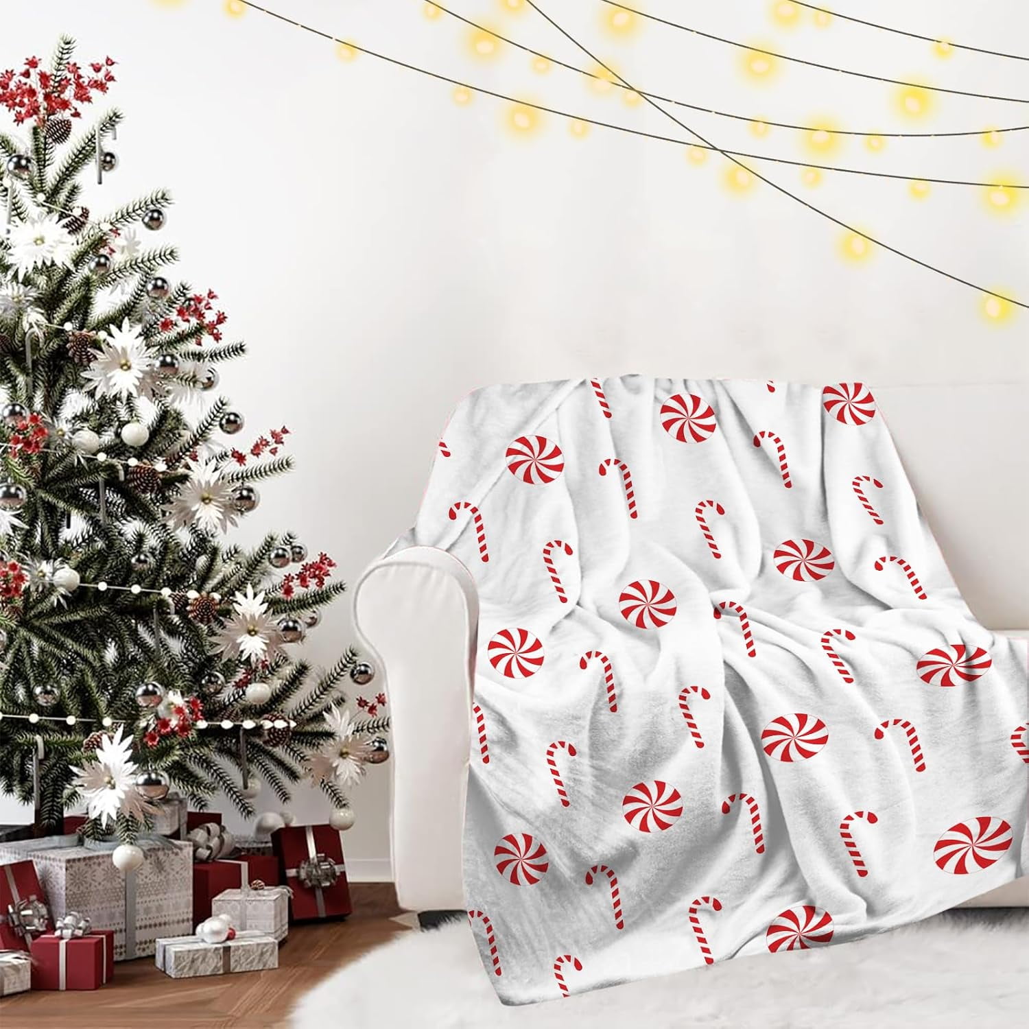 Christmas Throw Blanket Candy Cane Throw Blanket Super Soft Warm Bed Blanket Christmas Holiday Decor for Living Room Bedroom Sofa Christmas Gift for Her