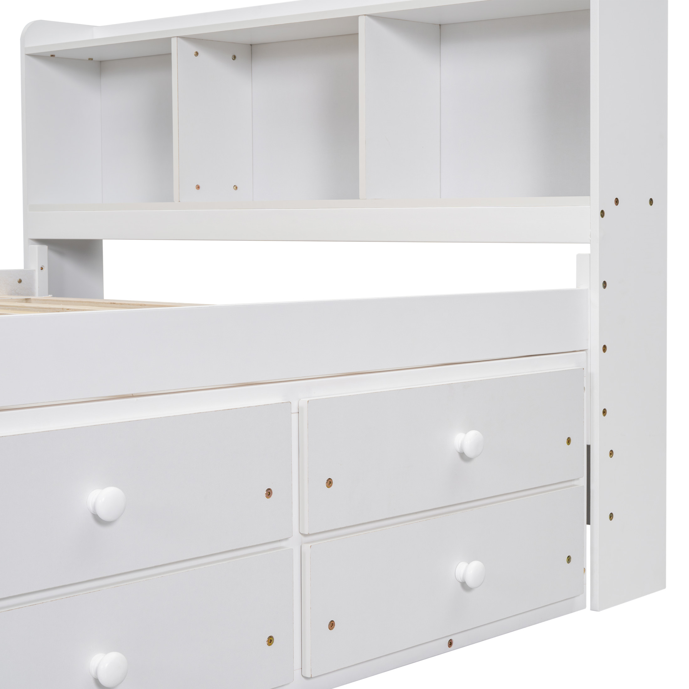 Noble House Full Bed with Bookcase Headboard, 6 Storage Drawers and Bed-End Storage, Pine Wood Frame, White